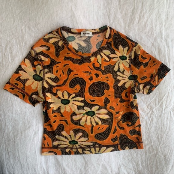 Nanushka Nilo Mesh Crewneck T-shirt Top Arte Povera Floral Orange Flower Print - Picture 2 of 8